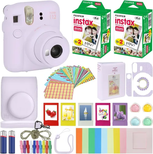 Cámara instantánea Fujifilm Instax Mini 12 color morado lila + estuche de transporte + paquete Fuji Instax Film (40 hojas), paquete de accesorios,