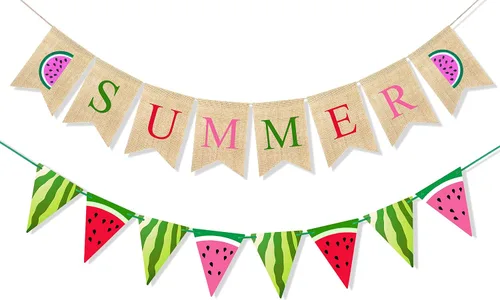 Uniwish Cartel de arpillera de verano con temática de sandía, suministros de fiesta, decoraciones de verano, guirnalda de sandía banderines para