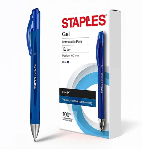 STAPLES Bolígrafos de gel retráctiles, punta media de 0.028 in, tinta azul, paquete de 12 bolígrafos de gel de escritura suave Sonix con agarre de