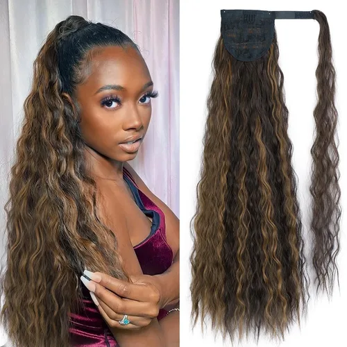 Miniatura 18 de Extensión de cola de caballo ondulada larga con pegamento mágico, resistente al calor, sintética, para envolver, cabello ondulado, para mujer