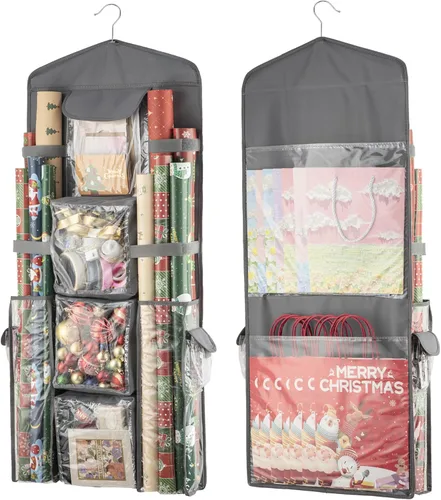Miniatura 8 de EXLIFBAG Organizador de almacenamiento de papel de regalo, organizador de envoltorios de regalo con soporte de doble cara para colgar Negro