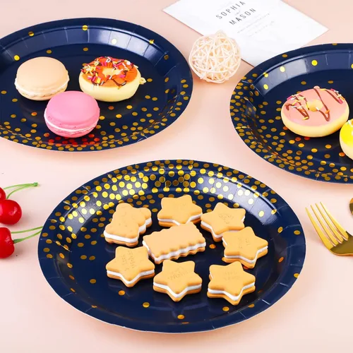 Miniatura 4 de Aneco 60 platos de papel desechables de 9 pulgadas, platos de postre de lunares azules y dorados, platos redondos de papel para bodas, despedidas