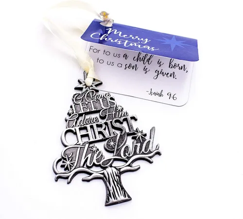 Miniatura 2 de Adorno colgante de Navidad grabado en forma de árbol de metal plateado con texto en inglés "O Come Let Us Adore Him Christ the Lord", 2.75 pulgadas