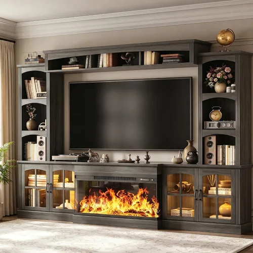 Miniatura 17 de MXV - Soporte de chimenea para TV de 59 pulgadas, centro de entretenimiento estilo granja con soporte de TV de 3 lados de vidrio, consola multimedia