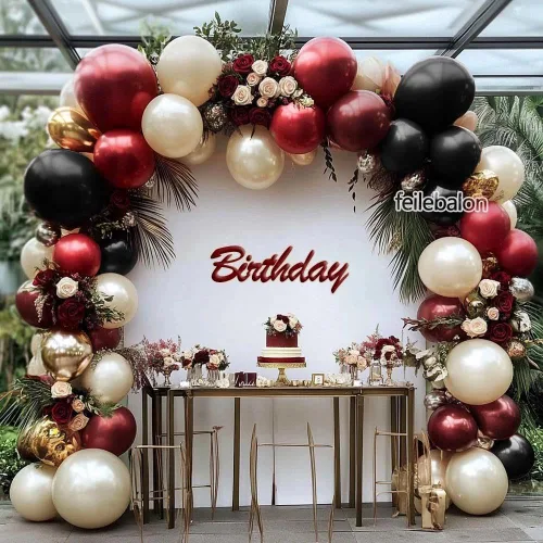 Miniatura 6 de Kit de arco de globos color burdeos y negro, doble relleno, color granate, rojo oscuro, perla, blanco, arena, dorado, guirnalda de globos