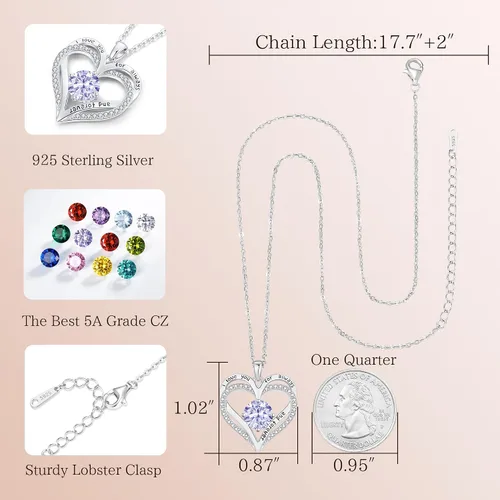 Miniatura 214 de LOUISA SECRET Love Heart Birthstone Necklaces for Women, Birthday Gift for Women, Anniversary Jewelry for Wife Her, 925 Sterling Silver Pendant