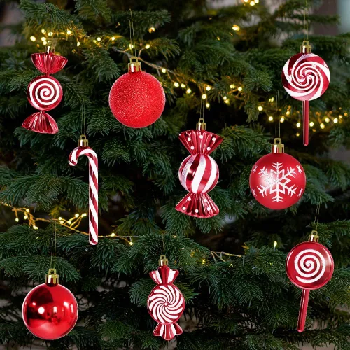 Miniatura 3 de 36 piezas de adornos de Navidad, adornos de Navidad de plástico irrompibles MOYEE para árbol - decoraciones de Navidad de bastón de caramelo, Rojo