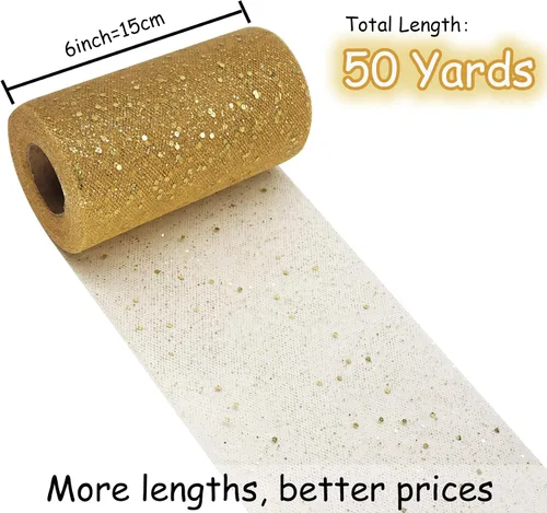 Miniatura 6 de Rollos de tela de tul con purpurina dorada de 6 pulgadas, 50 yardas (150 pies), carrete de cinta de red con lentejuelas brillantes para bodas, falda