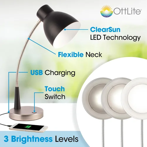 Miniatura 2 de OttLite Lámpara de escritorio LED ajustable con puerto USB de 2.1 A - Portátil, ajustable, luz de escritorio 3 modos de temperatura de color Los