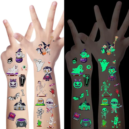 LOMIMOS 320 tatuajes temporales que brillan en la oscuridad, impermeables, aterradoras, extraíbles para la cara y el cuerpo, para dulces o bolsas de