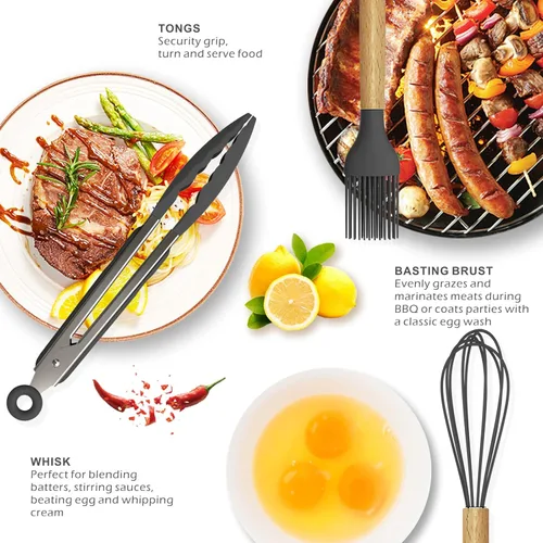 Miniatura 4 de oannao Juego de utensilios de cocina de silicona, resistente al calor, espátula, pinzas giratorias, cuchara, batidor, utensilios de cocina para Gris