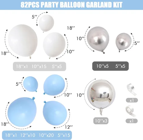 Miniatura 2 de Jobkoo Kit de arco de globos azul y blanco, guirnalda de globos de aluminio plateado 4D, globos de látex azul claro y plateado, globos de látex