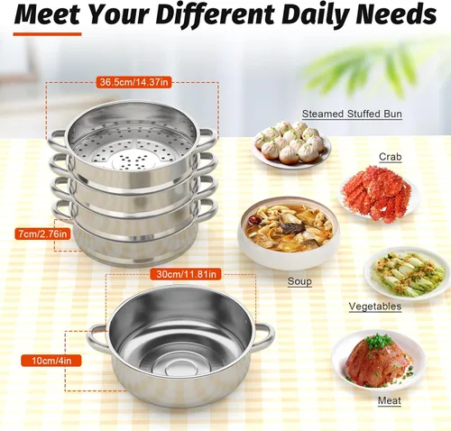 Miniatura 7 de Vaporizador de acero inoxidable para cocinar, juego de ollas al vapor de alimentos con tapa de vidrio y asa para albóndigas al vapor, tamales