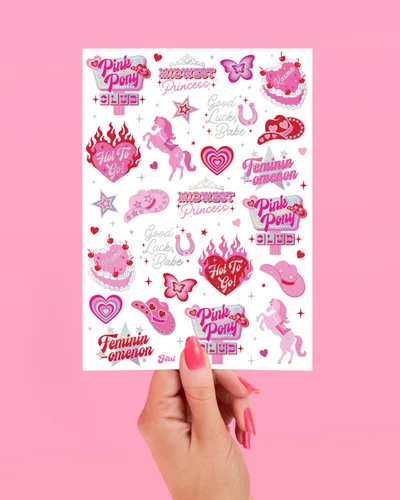 Miniatura 6 de xo, Fetti Pink Pony Club - Tatuajes temporales – 54 piezas de papel de aluminio iridiscente Fiesta de despedida de soltera de vaquera, recuerdos