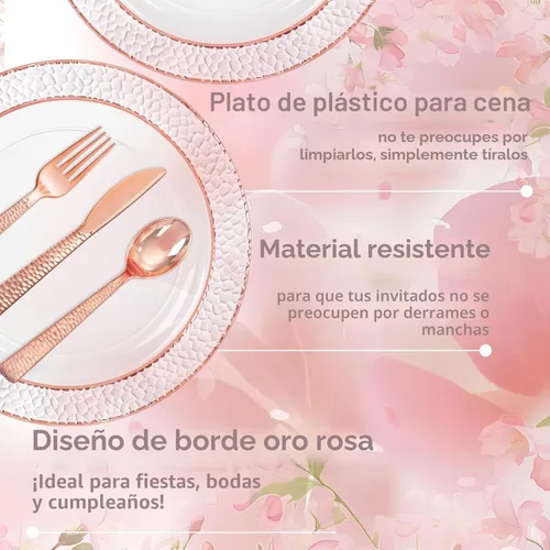 Miniatura 3 de Ciaell 150 platos de plástico de oro rosa – Platos desechables con cubiertos de plástico de oro rosa incluyen 50 platos, 25 tenedores, 25 cuchillos