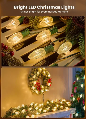 Miniatura 6 de Tira de luces LED estilo sendero de Navidad para exteriores; tira de 20 luces LED C9 con carcasa de fresa y estaca, interconectables, luz cálida