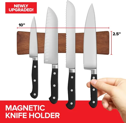 Miniatura 2 de Portatuchillos magnético de madera de acacia de 10 pulgadas con uso multiusos, soportes magnéticos para cuchillos de cocina, portacuchillos