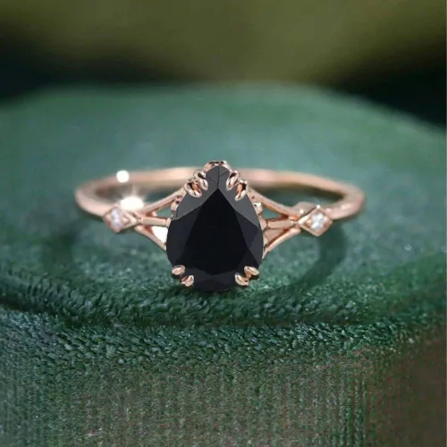 Miniatura 4 de Ssjewel 2 Ct Pear Cut Diamond Black Onyx Unique Nature Inspire Floral Bridal Engagement Ring For Women 14K Rose Gold Plated Stacking Band Sterling