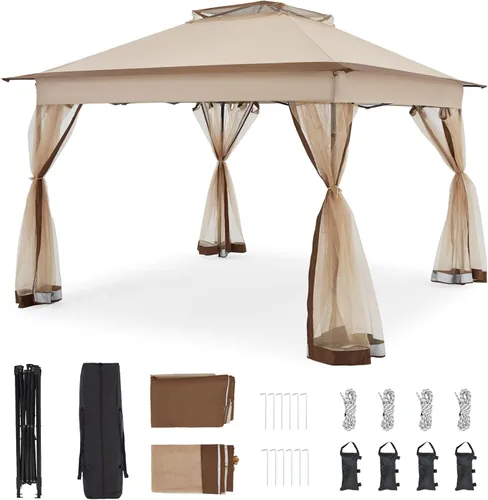 Bezseller Carpa Gazebo Emergente de 11x11 pies con Mosquitero – Instalación Rápida, Toldo Exterior Resistente al Agua para Patio, Jardín, Patio Caqui