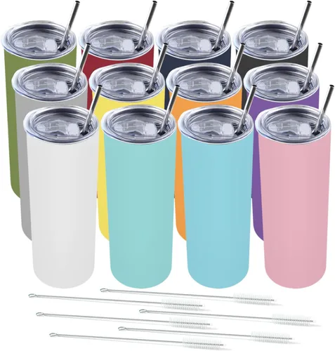 Amtidy Paquete de 12 vasos delgados de 20 onzas con tapa y popote, vaso aislado al vacío de doble pared para bebidas frías y calientes
