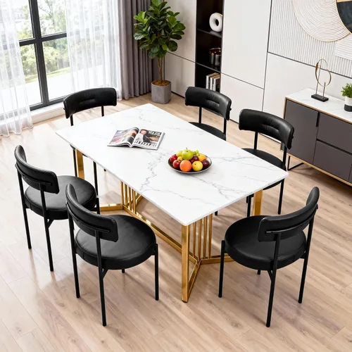 Miniatura 7 de AVAWING Juego de 6 sillas de comedor de piel sintética negra, modernas sillas de cocina tapizadas con patas de metal y respaldo curvo, sillas