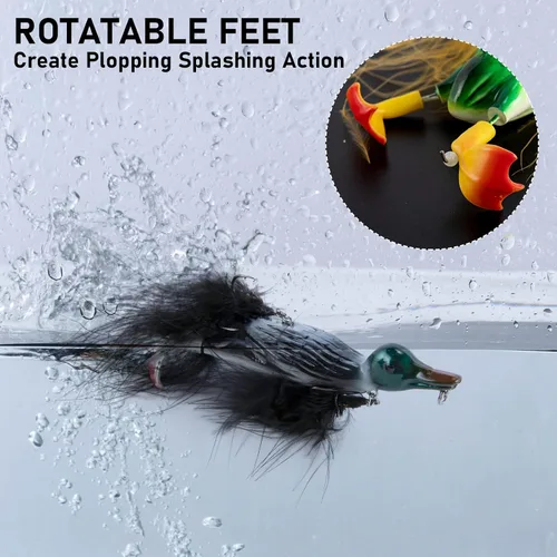 Miniatura 4 de Dr.Fish Topwater - Señuelo de pesca de pato de 4.1 pulgadas, realista, 3D, anzuelos de plumas de cebo duro flotantes, cebo artificial, lucio, lucio