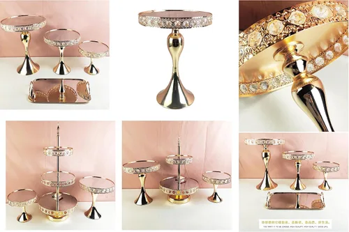 Miniatura 3 de Soporte redondo dorado de 8 pulgadas para tartas, soporte de pedestal de metal con cristales, plato de exhibición de quesos para bodas, fiestas