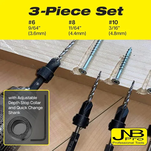 Miniatura 4 de Juego de brocas avellanadoras para madera, 3 piezas, #6 (9/64') #8 (11/64 pulgadas), #10 (3/16 pulgadas) Avellanador para madera con collar de tope