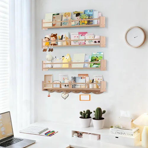 Miniatura 5 de Estantes para libros de guardería de 34 pulgadas montados en la pared, estante flotante para libros para niños con 6 ganchos, estante colgante