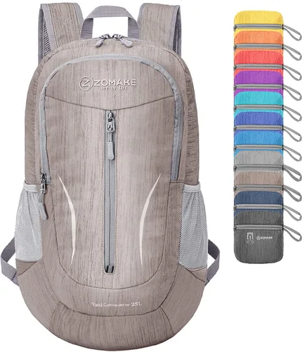 ZOMAKE Mochila plegable ultraligera de 25 litros, mochilas de senderismo plegables resistentes al agua, mochila plegable pequeña para viajes (gris