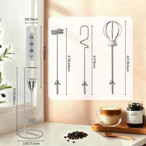 Miniatura 7 de Colarlemo Espumador de Leche de Mano Recargable con Soporte, Varita Espumadora Mezclador de Bebidas Batidor Eléctrico para Café, Desmontable con 3