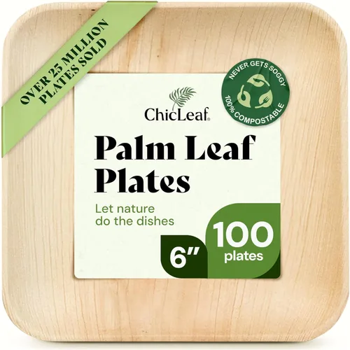 Miniatura 10 de Chic Leaf Platos Compostables de Hoja de Palma - 6" Cuadrados, Paquete de 50 - Vajilla Desechable para Comida Navideña, Platos de Aperitivo Rústicos
