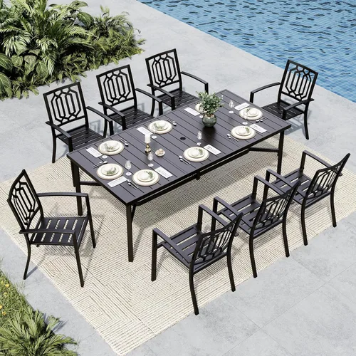 Miniatura 11 de MFSTUDIO Juego de comedor al aire libre para 8, juego de mesa y sillas de metal para patio, juego de muebles de patio de 9 piezas, juego de comedor
