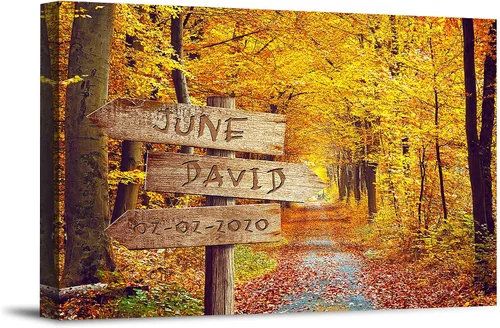 Bosque Otoñal Foto o Impresiones en Lienzo Personalizadas Únicas con Nombres de la Pareja y Fecha Especial en Letrero, Regalo Perfecto para