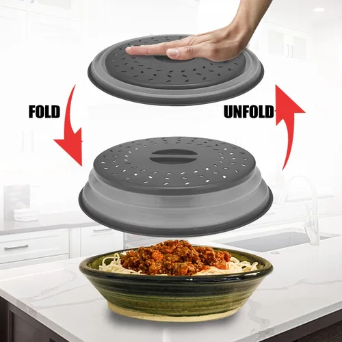 Miniatura 4 de Cubierta de microondas para alimentos, cubierta plegable para salpicaduras de microondas hecha de TPR apta para lavavajillas, sin BPA, color gris