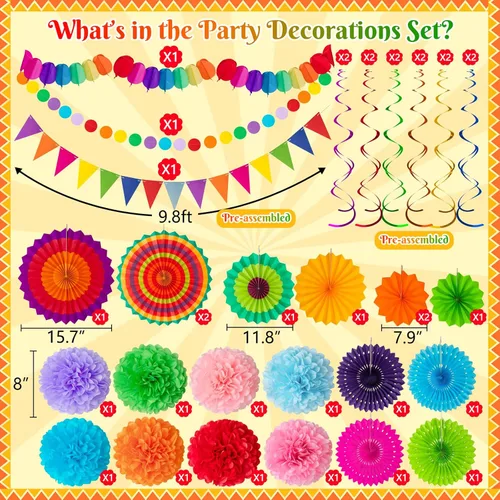 Miniatura 3 de Juego de 35 piezas de decoración para fiesta con abanicos de papel - Pom Poms del Cinco de Mayo, banderines, guirnaldas, pancartas, remolinos