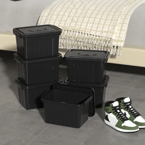 Miniatura 7 de Cubo de almacenamiento de plástico negro con tapa transparente y asa gris, 6 paquetes