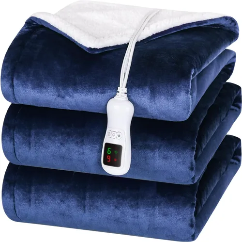 Manta térmica eléctrica tamaño matrimonial, calentador de manta lavable para el hogar para adultos, calentamiento rápido, franela suave súper Azul