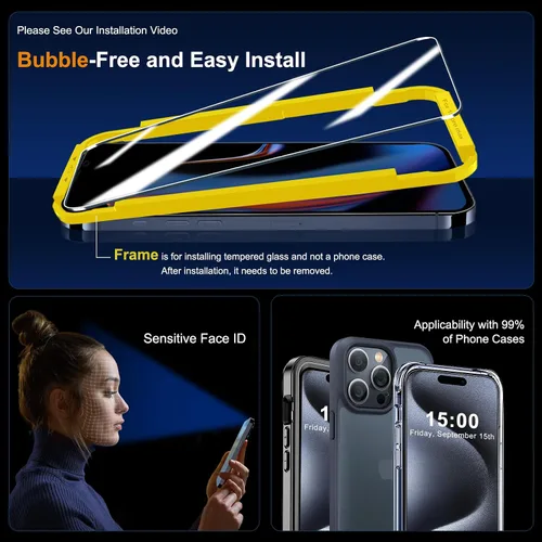 Miniatura 6 de QHOHQ Paquete de 3 protectores de pantalla para iPhone 15 Pro Max [6.7 pulgadas] con 3 protectores de lente de cámara, película de vidrio templado