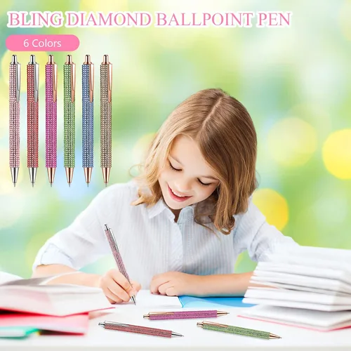 Miniatura 6 de Jeyiour 6 Bolígrafos Bling Lindos de Diamante con Rinstones de Boda, Bolígrafos Metálicos Retráctiles de Cristal Brillantes para Mujeres, Bolígrafo