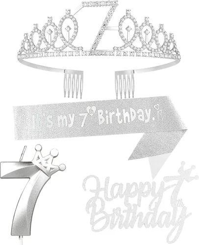 Miniatura 33 de Decoraciones de cumpleaños número 7 para niña, que incluyen corona/tiara de cumpleaños número 7, banda, adorno para pastel de cumpleaños y velas