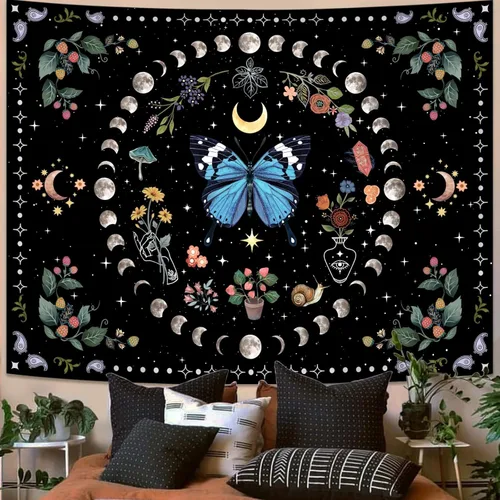 Aipon Tapiz de flores de mariposa azul botánico bohemio para colgar en pared para dormitorio y sala de estar (36.00 pulgadas, 48.00 pulgadas, azul)