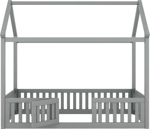 Miniatura 7 de Merax Cama de madera de tamaño individual con valla y puerta, marco de cama de madera con techo para adolescentes, niños o niñas, gris