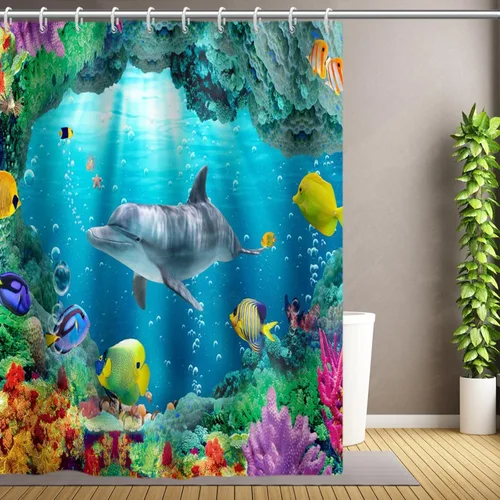 Miniatura 15 de Yeele Cortina de ducha con diseño de delfín, diseño de animales submarinos, tropical, con temática de vida silvestre, océano, azul, para baño