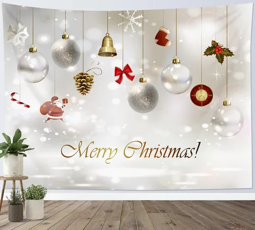 LB Tapiz de Feliz Navidad, bola de Navidad y Papá Noel, tapiz de pared de copo de nieve de invierno, tapiz para colgar en la pared para el