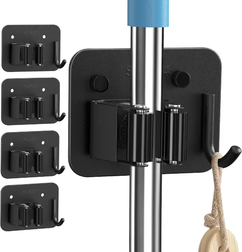 Miniatura 11 de Paquete de 2 soportes de pared para escobas, organizador de trapeador de acero inoxidable 304 con ganchos, sin adhesivo para taladro e instalación