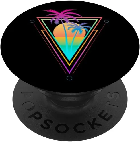 Retro 1980s 1990s Vaporwave Palm Trees Sunset Beach Surf Art PopSockets Adhesive PopGrip