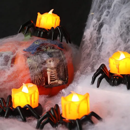Miniatura 3 de YBB 12 velas de té de araña de Halloween, novedosas velas LED sin llama, funciona con pilas, lámparas de té naranja para fiesta de Halloween, mesa