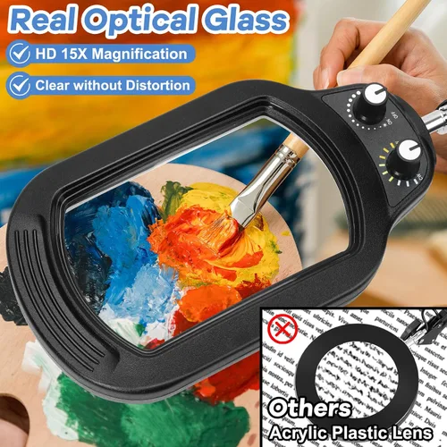Miniatura 2 de Lupa rectangular 10X con luz y soporte, lupa iluminada de cristal real, manos libres, perilla mecánica, 5 modos de color, regulable sin escalones