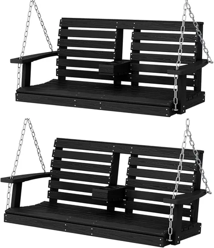 Miniatura 55 de KINGYES Columpio colgante para porche al aire libre, silla de columpio de patio de 2 asientos con portavasos, banco impermeable para patio y jardín